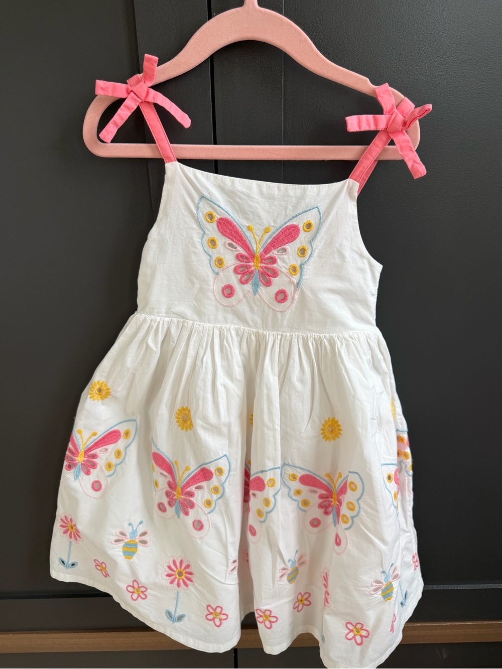 Mini Boden White Dress with Pink Butterfly Embroidery & Eyelet Details | 2-3Y